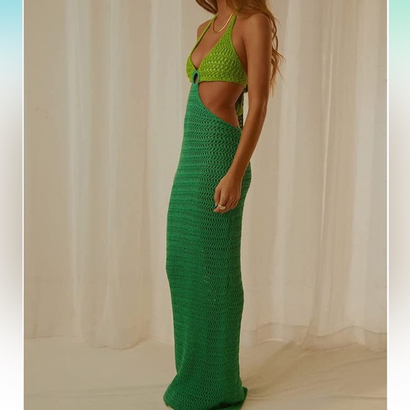 PEPPERMAYO copy Green Halter Crochet Bodycon Hollow Out Midi Beach Dresses - Picture 2 of 5
